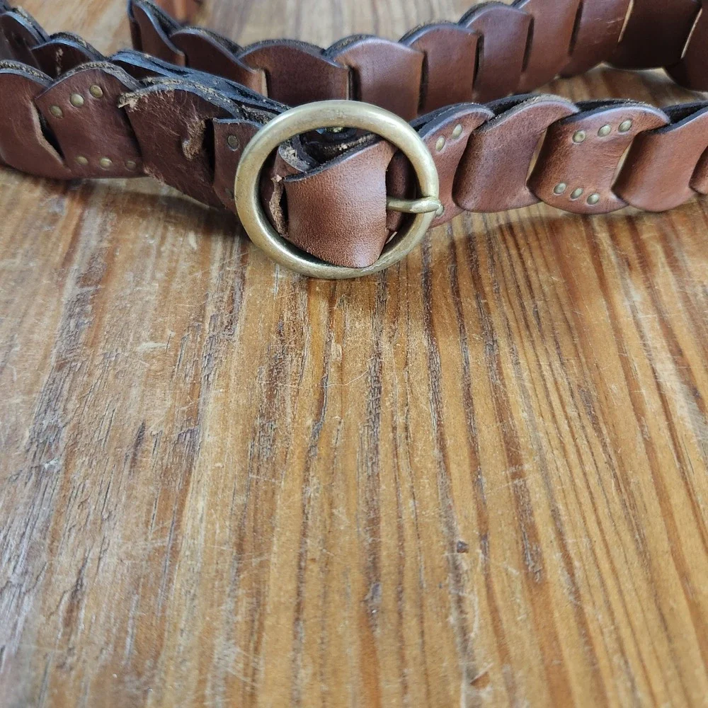 Vintage Brown‎ Leather Linked Belt Brass Hardware Medium Large 44